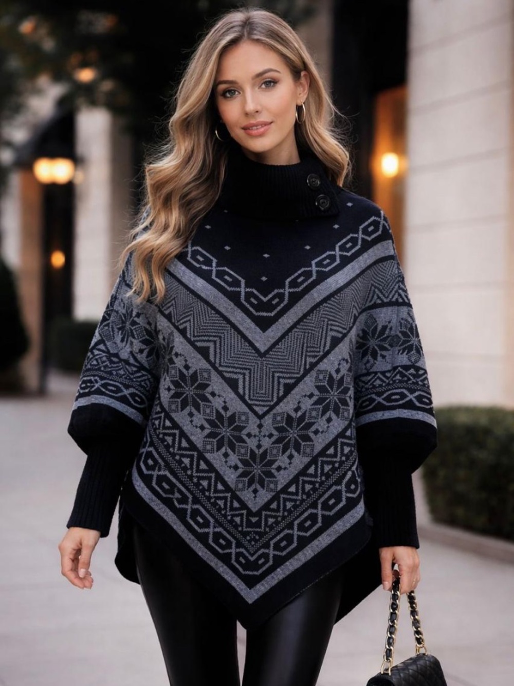 Dark Grey & Black Fair Isle Turtleneck Knit Poncho